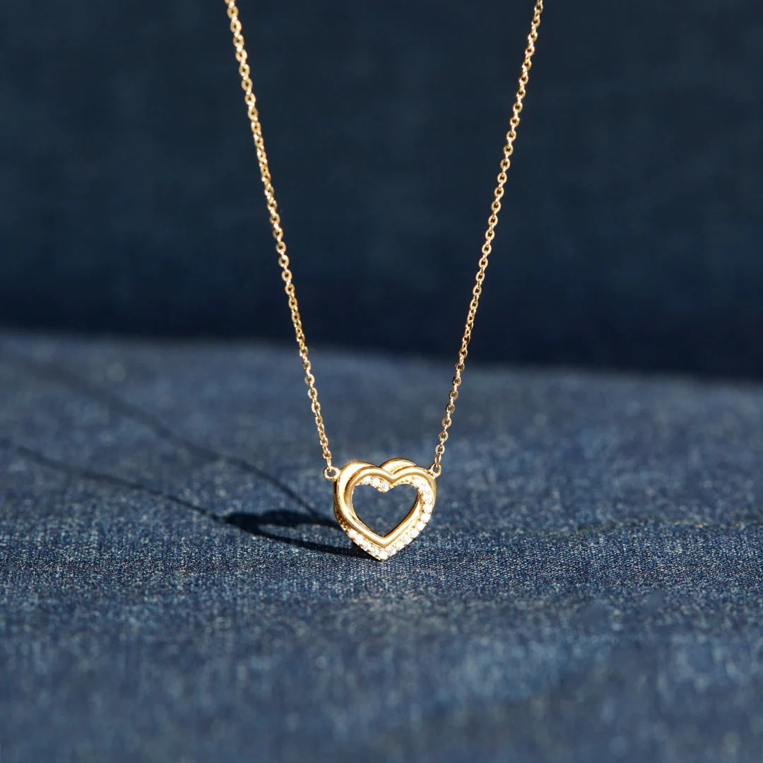 S925 Sterling Silver Overlapping Double Hollow Heart Necklace For Women