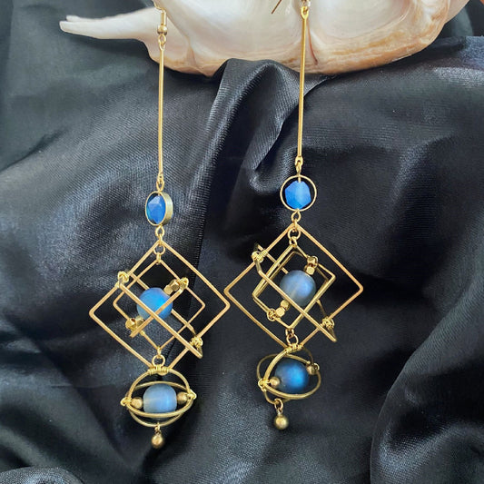 Statement Earrings with Blue Crystal Earrings in a geometric gold design for elegant styling