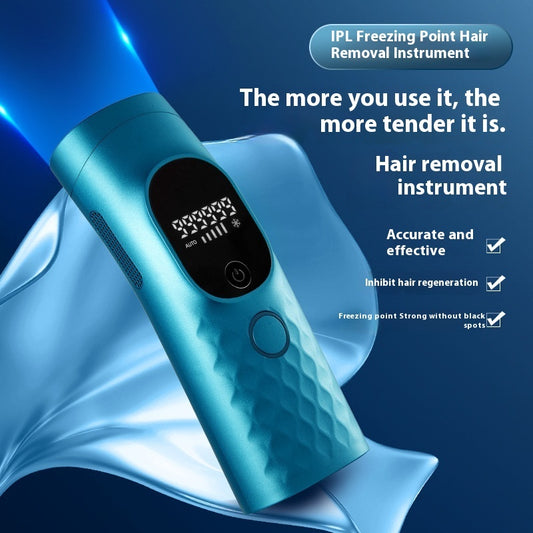 Smooth Beam IPL hair removal device in blue with digital display and power button for effective hair removal