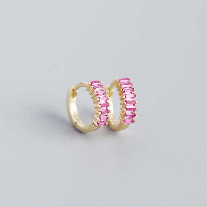 Elegant Dainty Stud Earrings USA in Gold with Pink Baguette Stones for a Chic Look