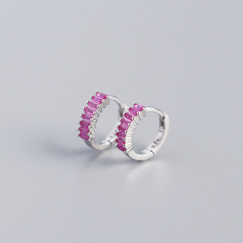 Dainty Stud Earrings USA featuring sparkling pink gemstones on silver hoops