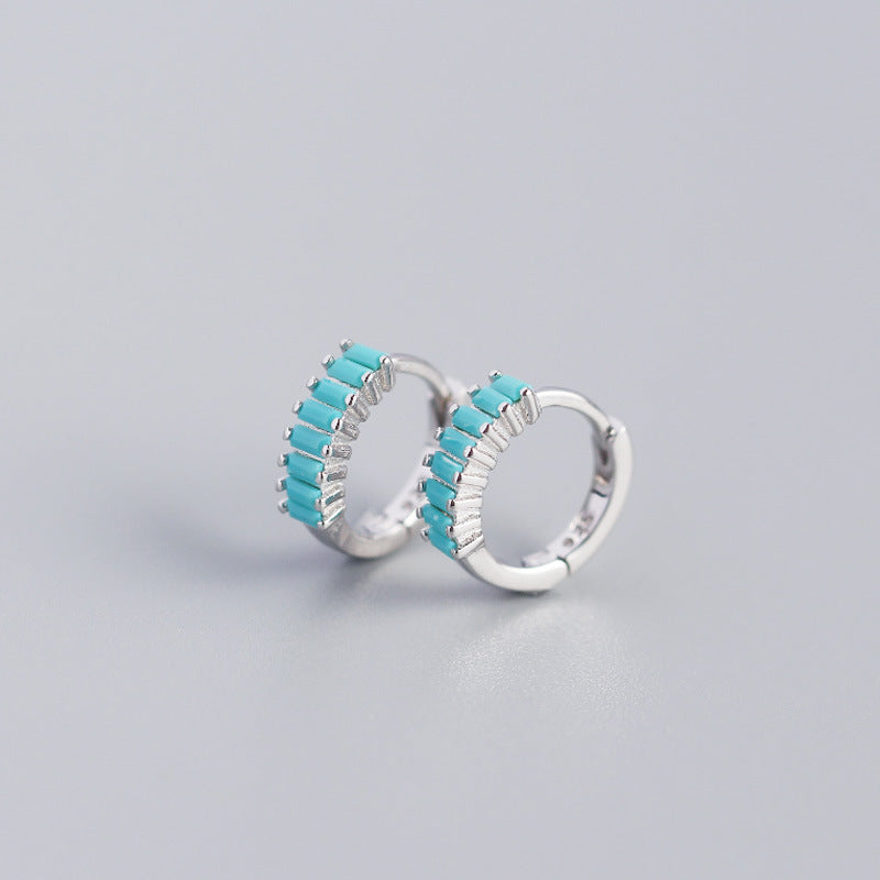 Dainty Stud Earrings USA with turquoise stones in a sleek silver hoop design