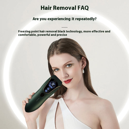 Woman holding Smooth Beam freezing point hair removal device with digital display and ergonomic design