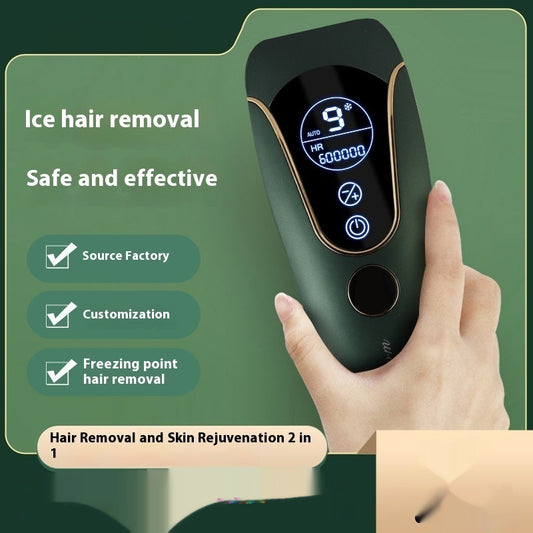Smooth Beam freezing point hair removal device held in hand with digital display and safety features