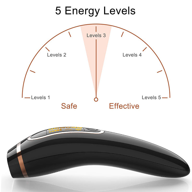 Black at home IPL hair remover device showing 5 energy levels from safe to effective