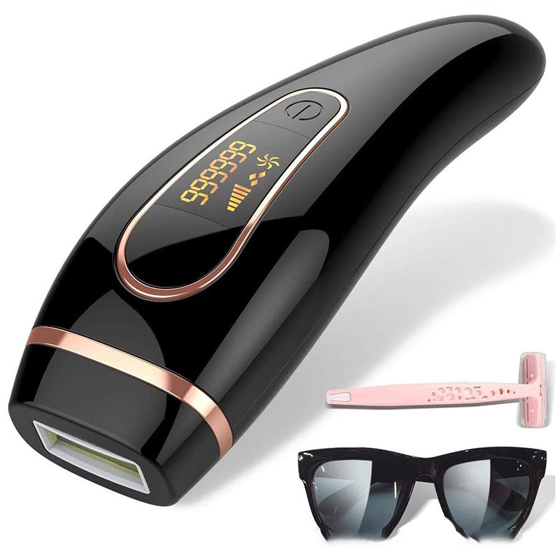 Black at home IPL hair remover with digital display, included pink razor and protective sunglasses