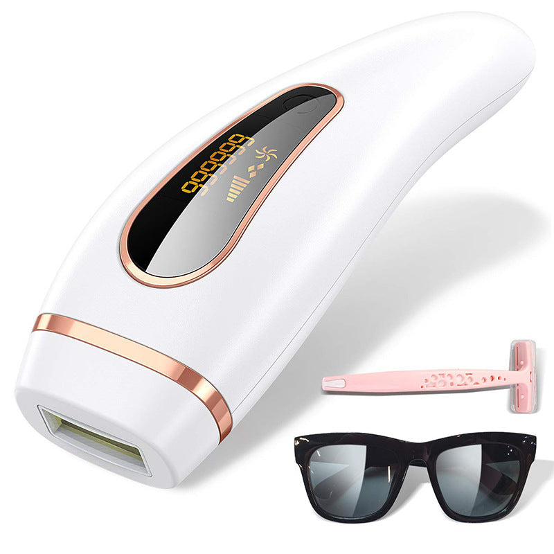 White and rose gold at home IPL hair remover device with display screen, facial razor, and black sunglasses
