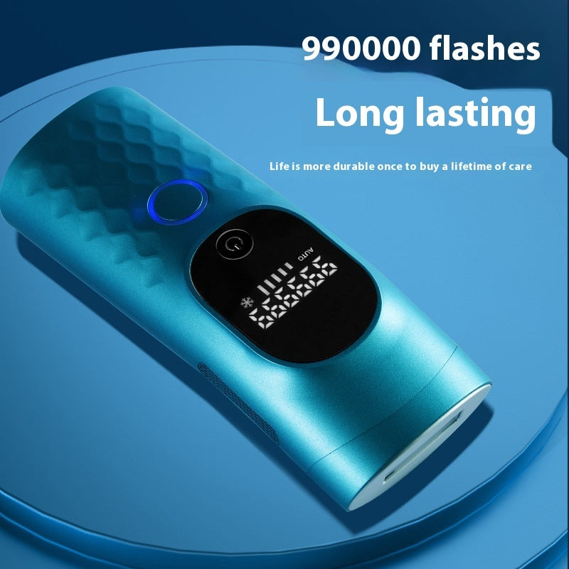 Blue IPL hair removal device with digital display showing 990000 flashes for long lasting use