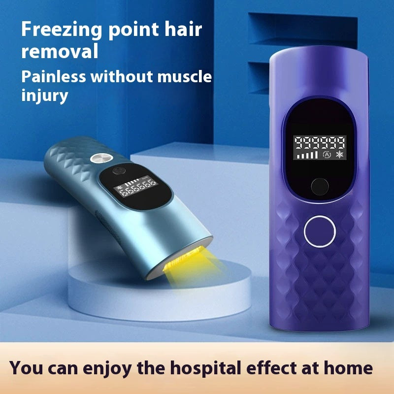 IPL hair removal device in purple and blue with digital display for painless freezing point hair removal