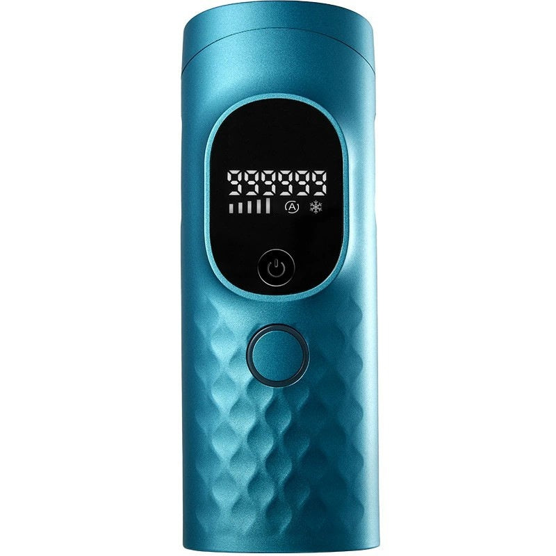 Blue IPL hair removal device with digital display and textured grip for easy handling