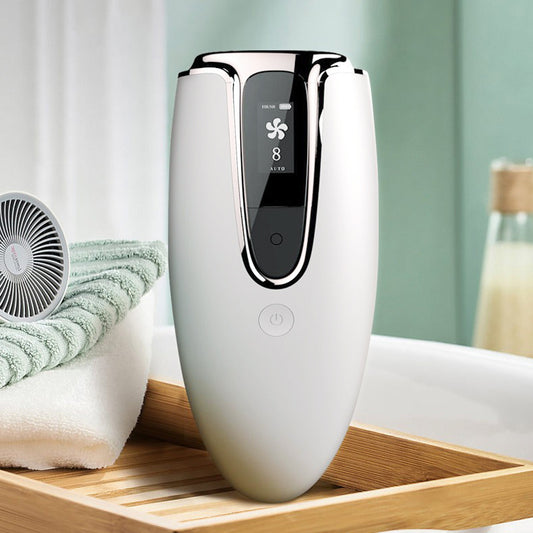 Smooth Beam laser hair removal device in white with digital display on bathroom wooden tray