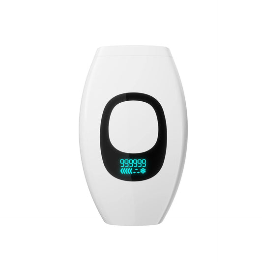 Smooth Beam white LCD hair removal device with digital display showing settings and usage