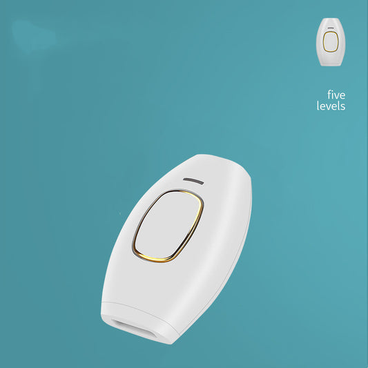 Smooth Beam permanent hair removal device in white with gold trim and five adjustable levels