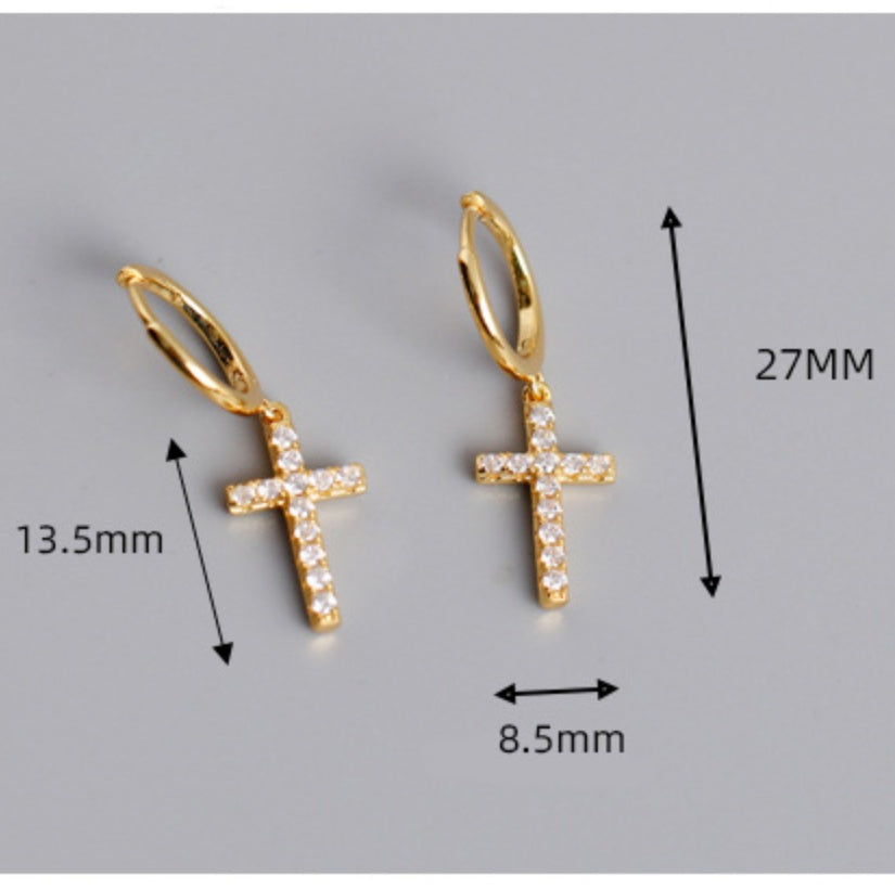 Stylish sterling silver cross earrings with gold finish and sparkling details for a trendy look
