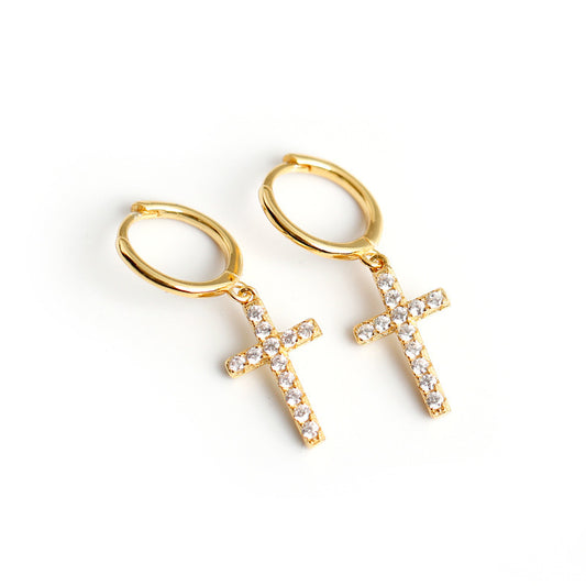 Gold hoops with sparkling cross charms, stylish sterling silver cross earrings for trendy outfits