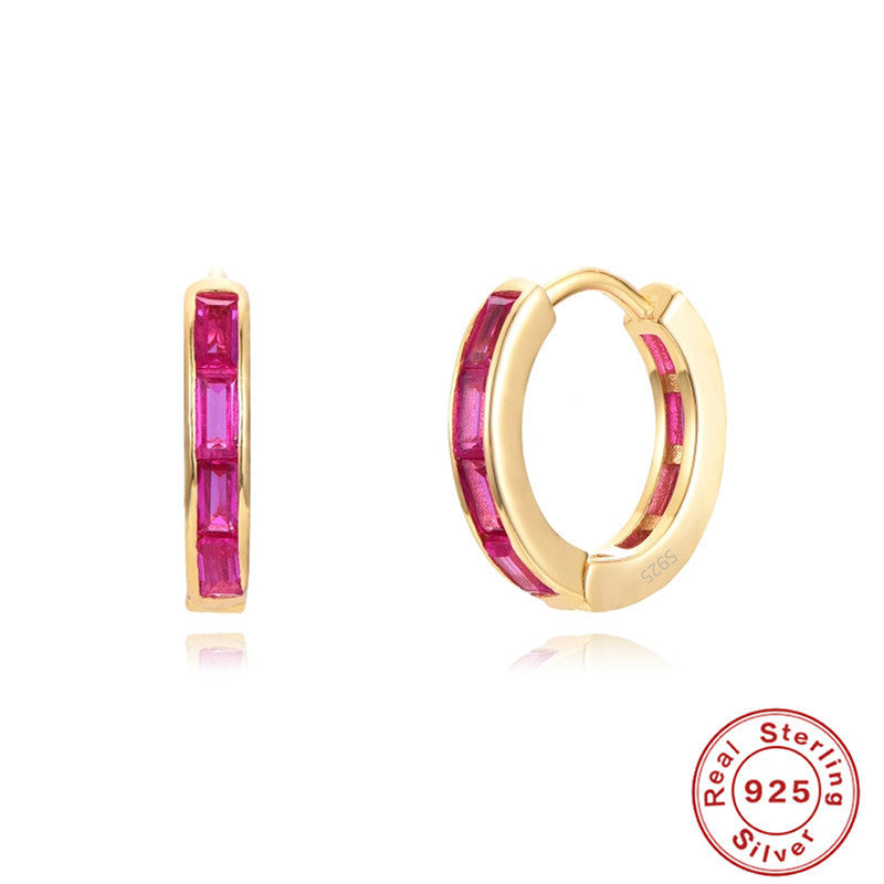 Elegant Sterling Silver Crystal Earrings with vibrant pink stones in a stylish hoop design